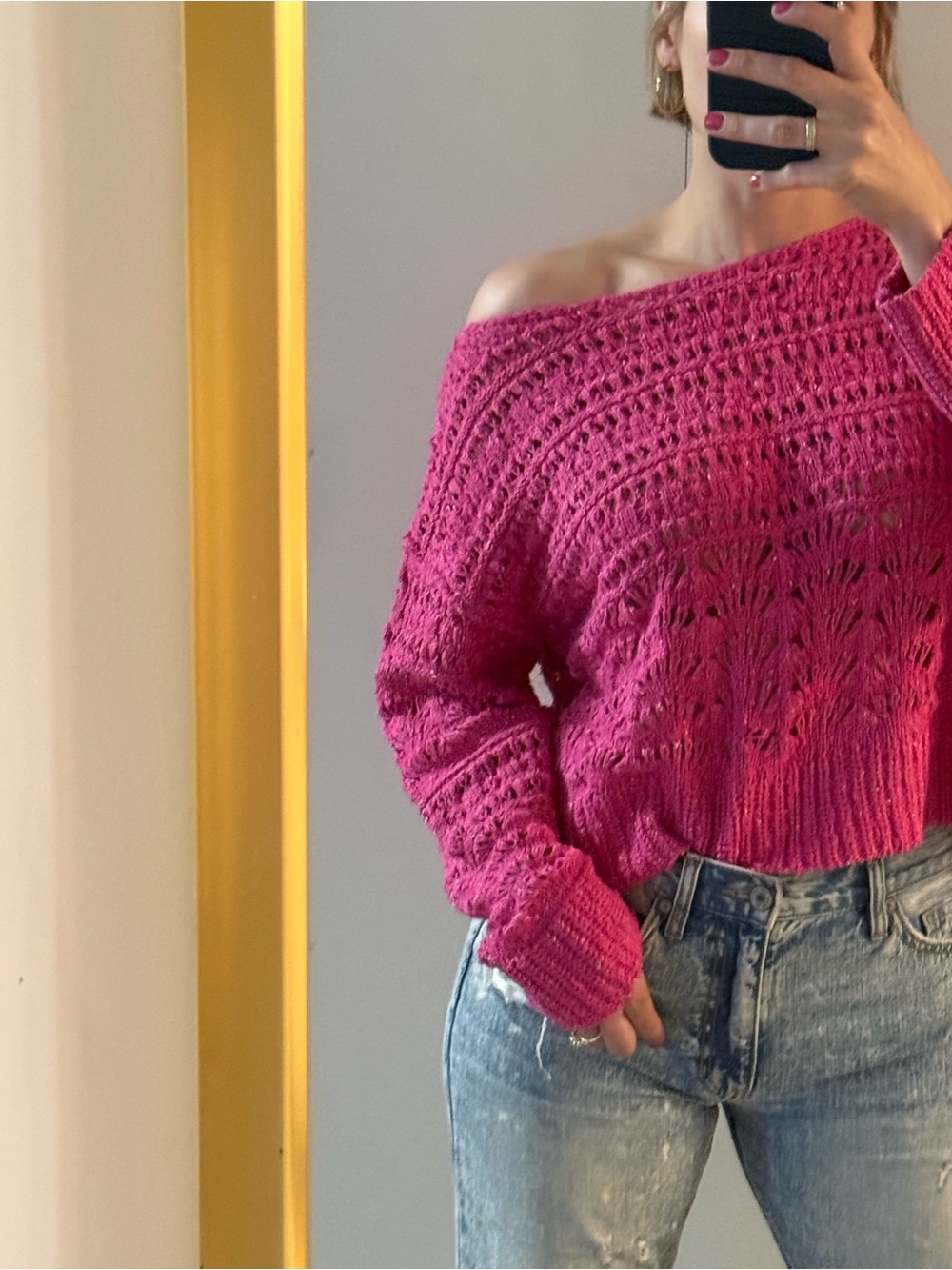Pilcro Fuchsia Open-Weave Off-Shoulder Sweater